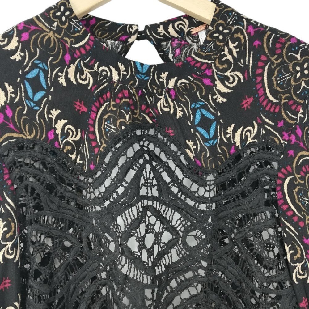 Free People Boho Lace Tunic Mini Dress Size XS Sheer Open Back Long Sleeve Black - Picture 3 of 13